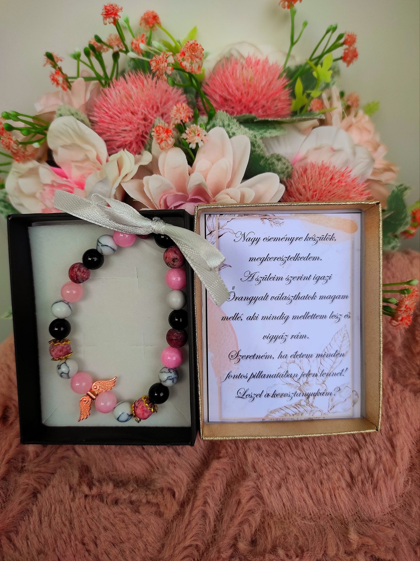 Angyalos rose kitartás karkötő keresztszülő